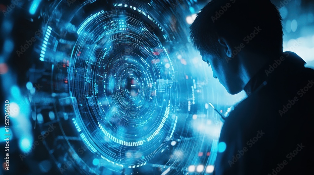 Poster a person gazes into a futuristic, digital interface filled with glowing blue patterns.