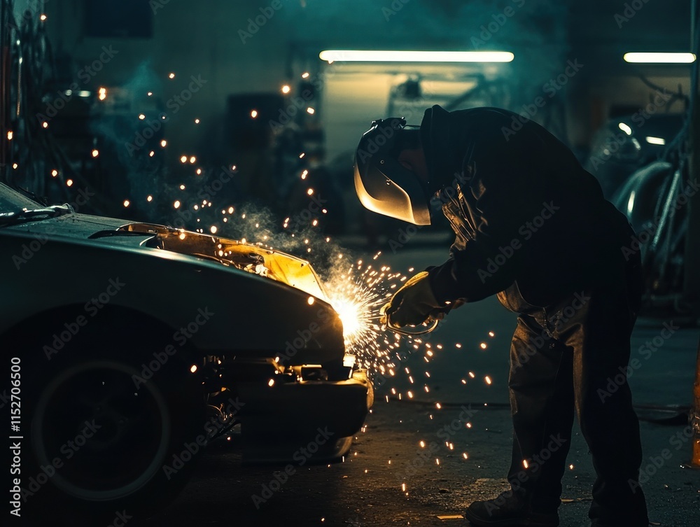 Poster a welder working on a car in a dimly lit workshop, sparks flying from the welding process.