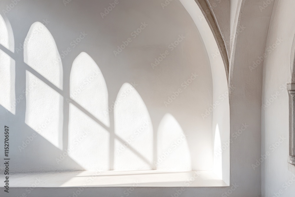 Fototapete Soft shadows cast by arched windows on a minimalist wall, creating a serene atmosphere.