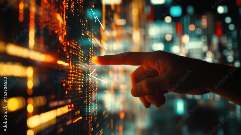 Aufkleber A hand interacting with a digital interface displaying vibrant data visualizations.