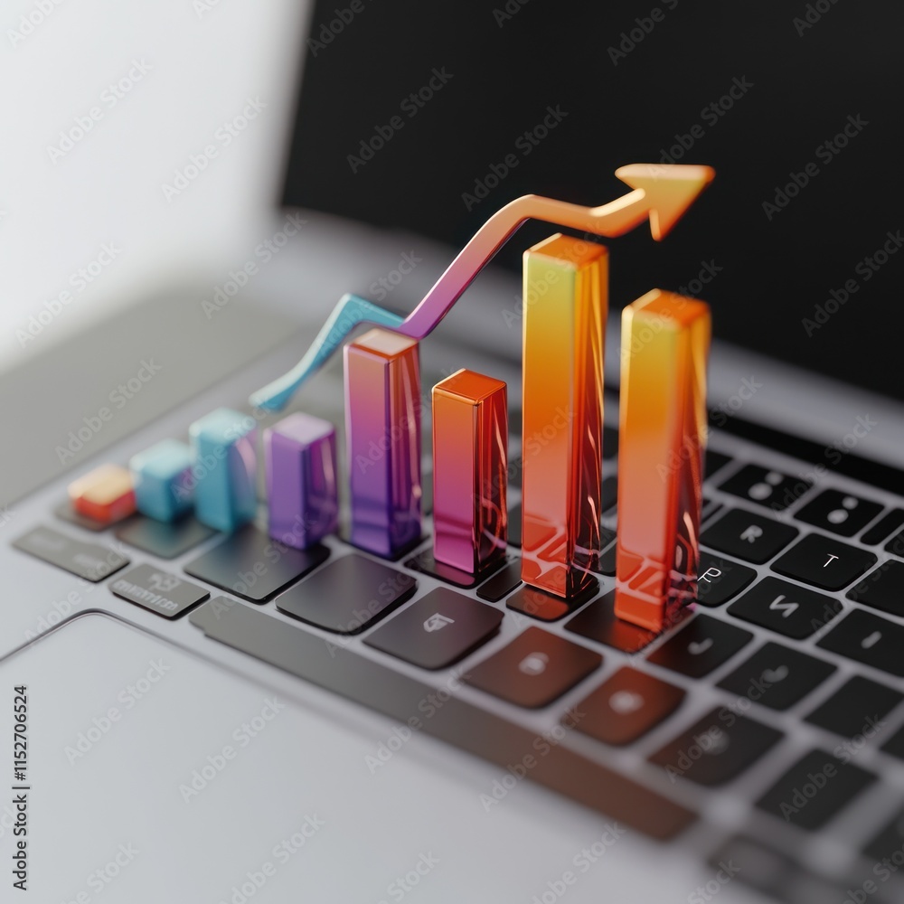 Poster A digital graph with upward trends displayed on a laptop keyboard.