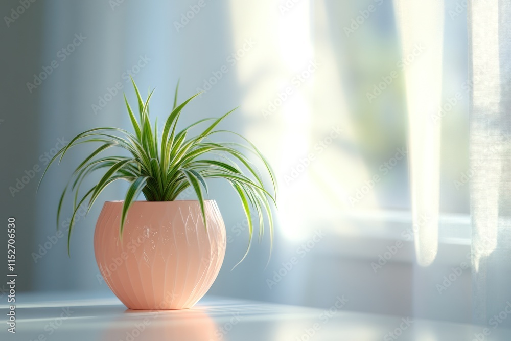 Poster a potted plant with long green leaves sits on a table near a window, creating a serene atmosphere.
