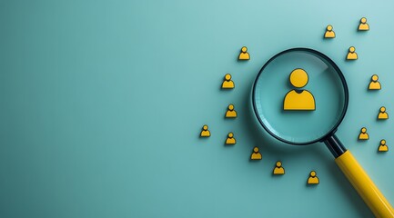 Recruitment and Hiring Concept with Magnifying Glass and Human Icons on Blue Background