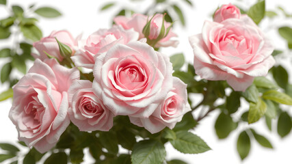 Fototapeta premium A cluster of pink roses in full bloom, with soft green foliage, isolated on white