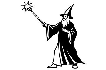 Wizard casting a spell with a glowing staff silhouette illustration on white background