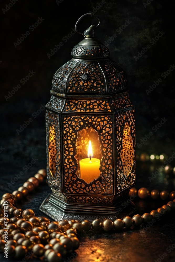 Poster a decorative lantern with a glowing candle and beads, creating a warm, inviting atmosphere.