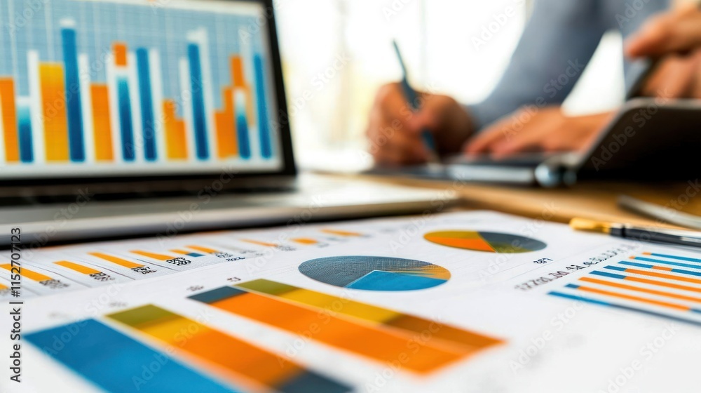 Poster A close-up of business graphs and charts on a desk, illustrating data analysis and strategy.