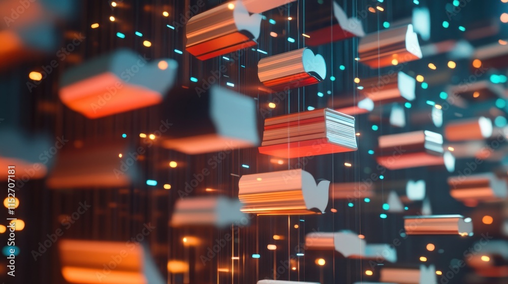 Poster Abstract representation of floating geometric shapes with glowing lights.