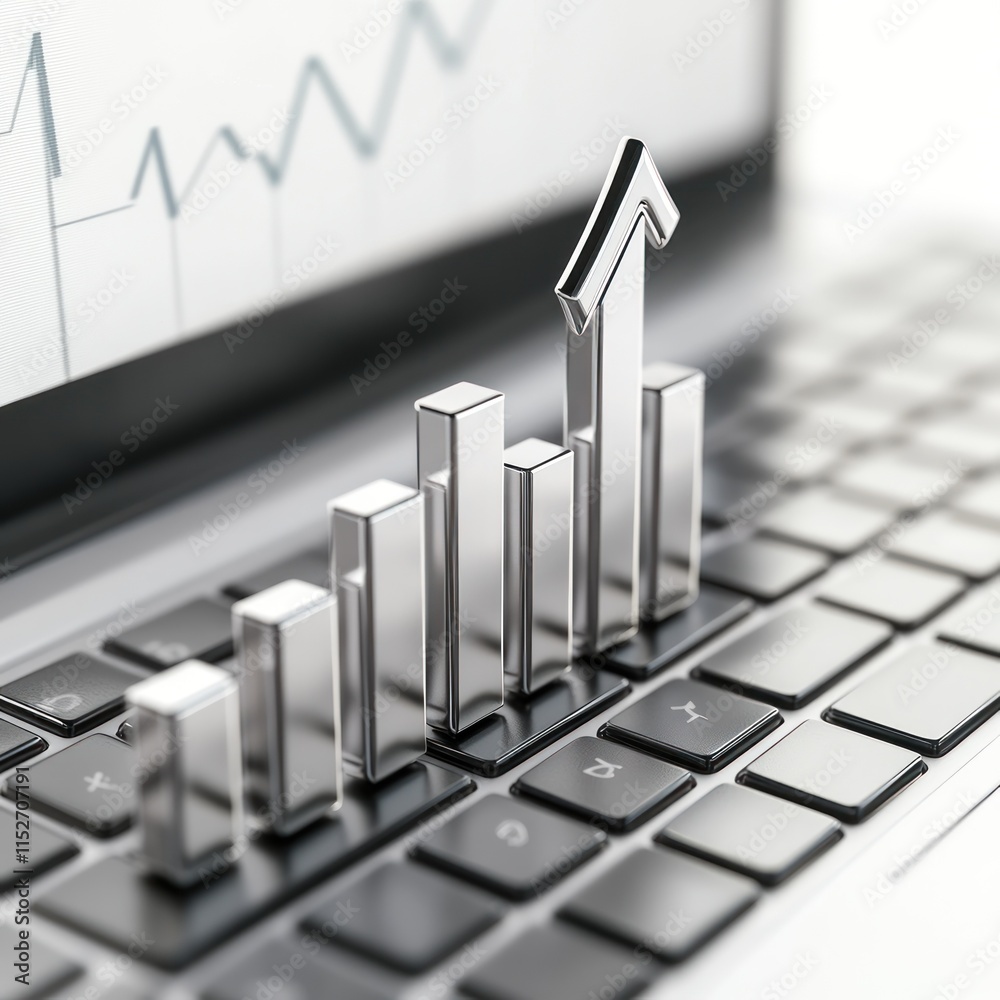 Poster A 3D bar graph on a laptop keyboard, symbolizing business growth and analytics.