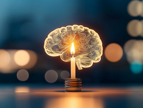 A candle shaped like a brain emits light, symbolizing creativity and intelligence against a blurred background of soft colors.