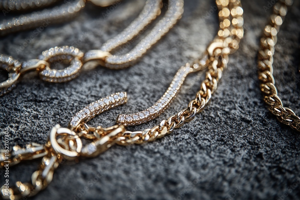 Poster Close-up of elegant gold chains adorned with sparkling details on a textured surface.