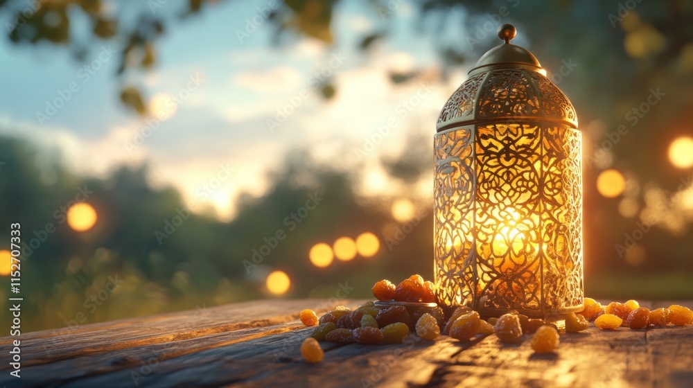 Poster a decorative lantern glowing softly beside scattered fruit on a wooden table in a serene setting.