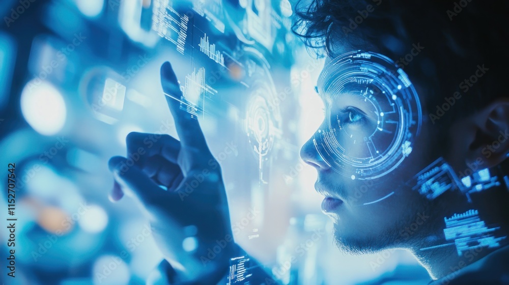 Poster a person interacting with a futuristic digital interface, showcasing technology and innovation.