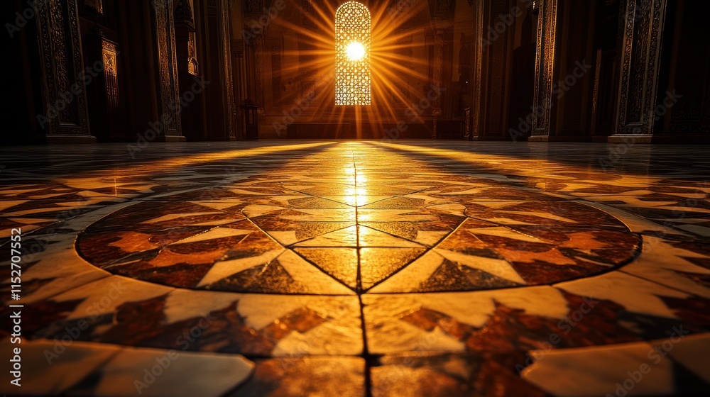 Poster A sunbeam illuminates intricate tile patterns in a serene architectural space.