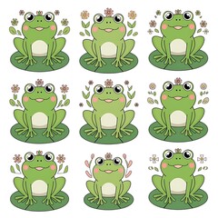 Fototapeta premium set of cartoon frogs with flowers and the words frog .