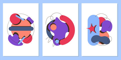 Groovy cartoon composition. Abstract creativity and art. Violet, orange and red spots. Vintage collage with geometric figures. Flat vector collection