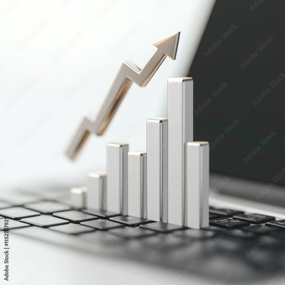Leinwandbilder A 3D graph showing growth on a laptop keyboard, symbolizing business success and analytics.