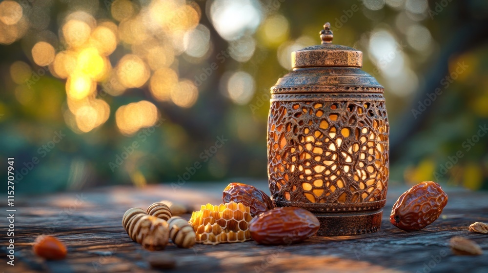 Poster a decorative lantern surrounded by honeycomb and dates, evoking a warm, inviting atmosphere.