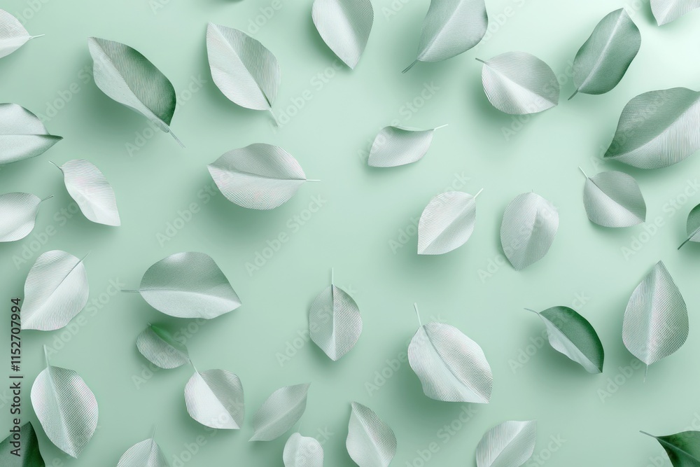 Poster a flat lay of soft green leaves scattered on a mint background, creating a serene aesthetic.