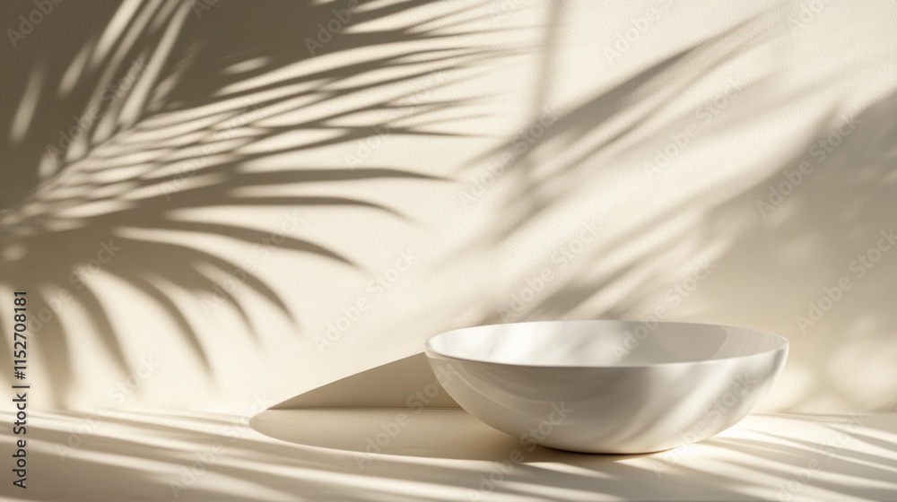 Aufkleber a minimalist bowl casting soft shadows from palm leaves on a light background.