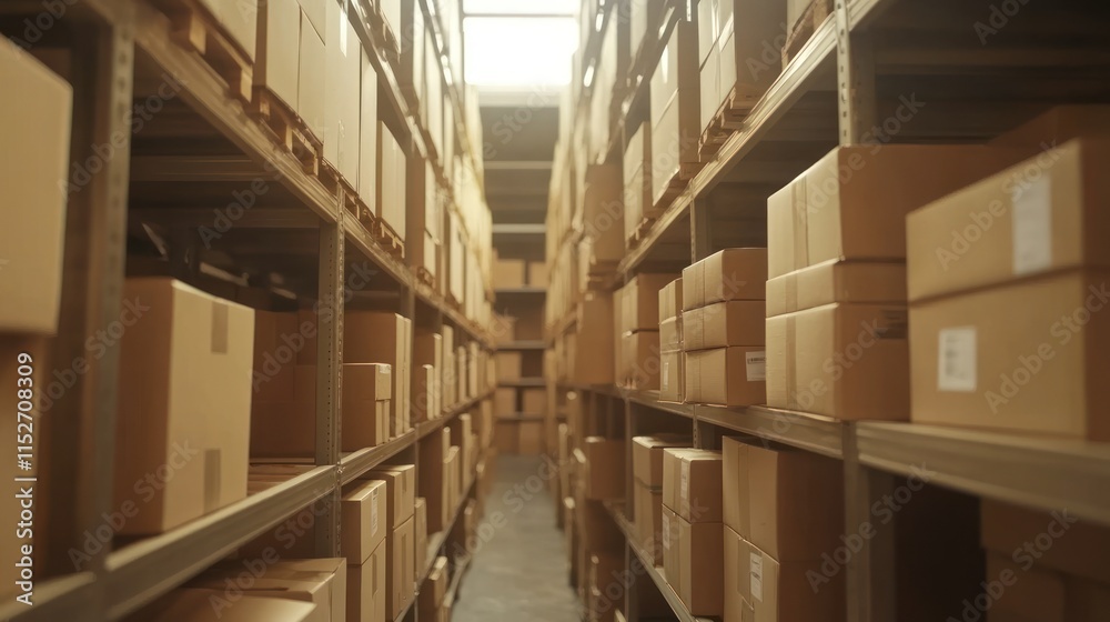 Poster a narrow aisle between shelves filled with stacked cardboard boxes in a storage facility.