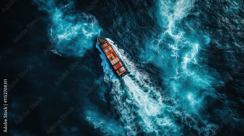 Poster aerial view of a cargo ship navigating through turbulent ocean waters.