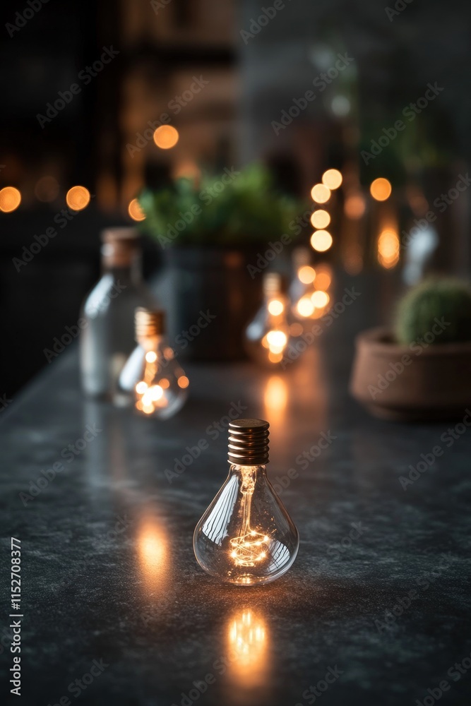 Aufkleber A serene display of glowing light bulbs and greenery on a dark countertop.
