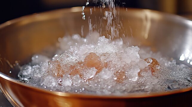 Ice cubes submerged in water in a copper bowl. Perfect for concepts of refreshment, cooling, or culinary processes.