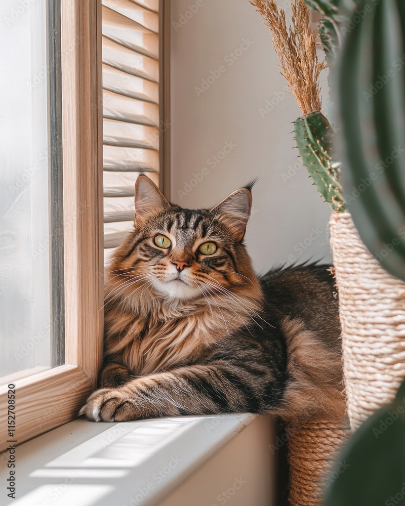 Aufkleber a tabby cat lounging by a window with plants and natural light illuminating the scene.