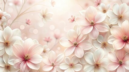 Delicate, six-petal flowers in pastel pink hues, gently arranged against a soft, white background