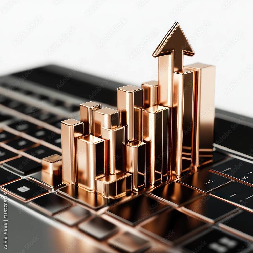 Leinwandbilder A 3D bar graph on a laptop keyboard symbolizes business growth and data analysis.