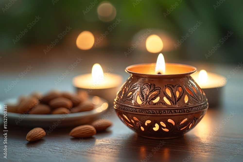 Poster a decorative candle surrounded by almonds and soft lighting creates a serene atmosphere.