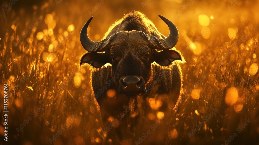 Poster a buffalo stands majestically in a sunlit field, surrounded by golden grass and soft light.