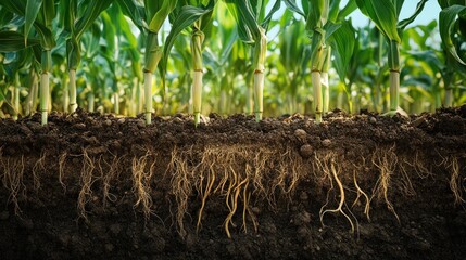 Corn plants growing in rich soil, roots visible.
