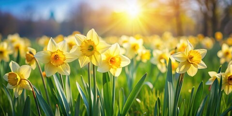 Blooming daffodils in a lush meadow on a sunny spring day, bloom, wildflowers ,  bloom, wildflowers , flower field
