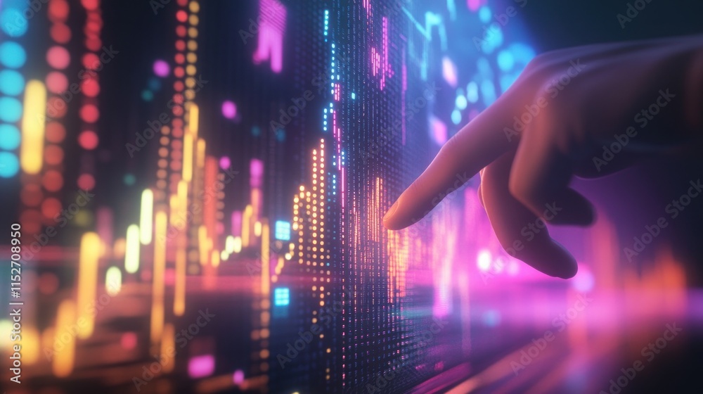 Aufkleber A hand interacts with a digital display of colorful data visualizations and graphs.