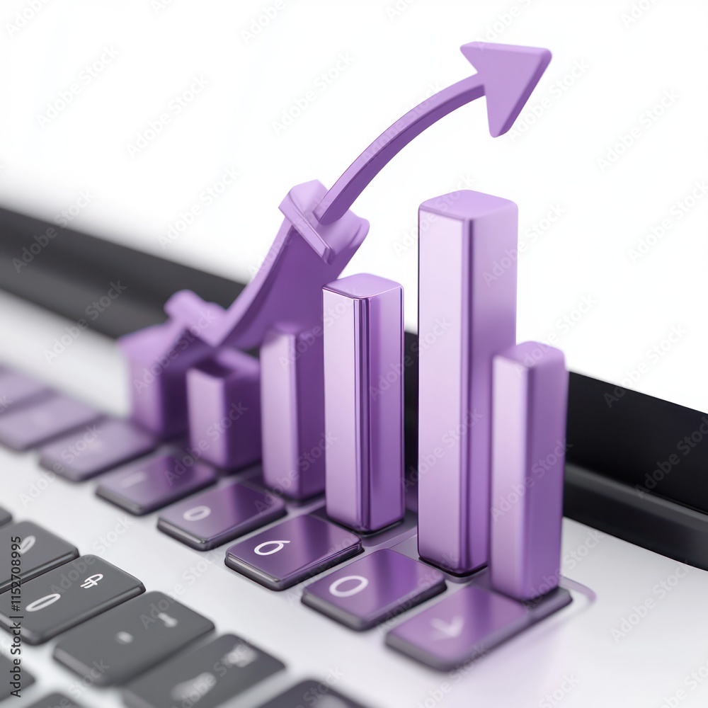 Poster A laptop keyboard with purple bar graphs and an upward arrow symbolizing growth and progress.