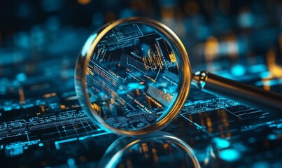Magnifying glass over digital data, charts, and graphs.