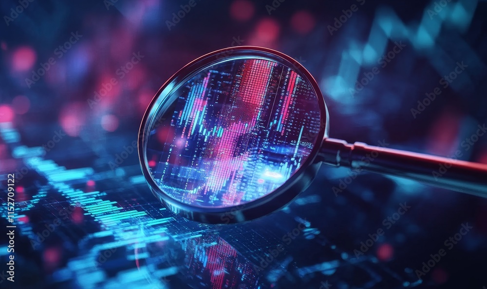 Poster magnifying glass analyzing vibrant digital stock market data charts and graphs.