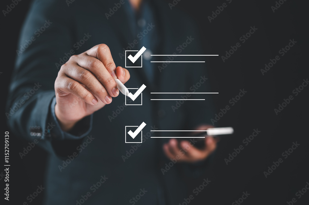 Poster Checklist concept, Businessman checking mark on the check boxes with marker red, filling online form and answering questions. List options business employee security procedures followed office.