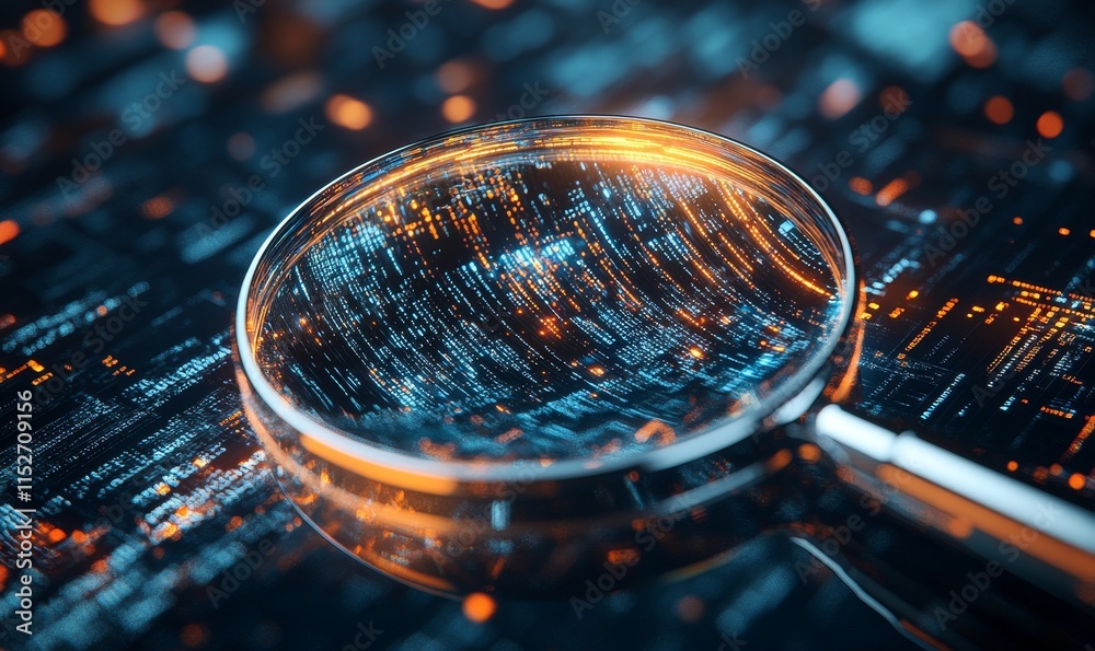 Poster magnifying glass over glowing digital code.