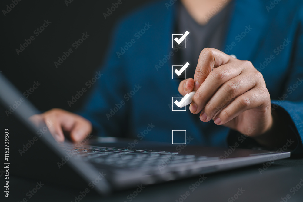 Poster Checklist concept, Businessman mark checkboxes, survey form, check marks on checklist, filling online form and answering questions. Options business employee security procedures followed in office.