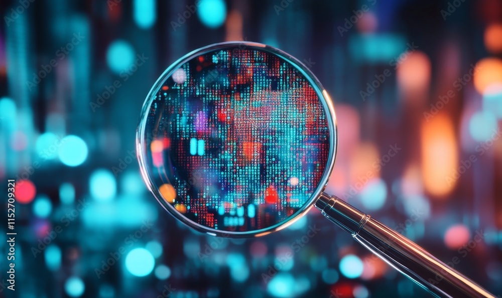 Poster Magnifying glass revealing a circuit board with binary code, against a blurred city lights background.