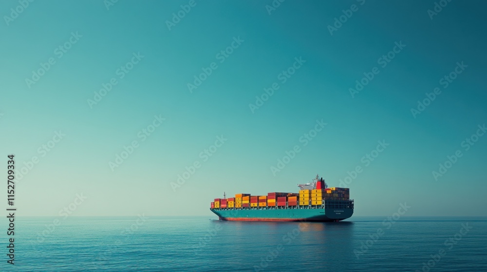Poster A large cargo ship with colorful containers floats on calm waters under a clear sky.
