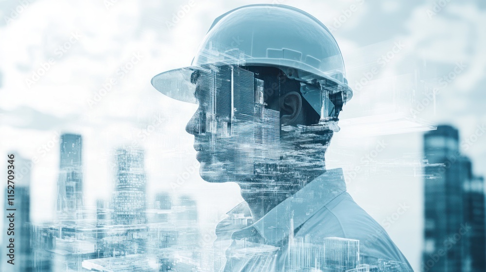 Poster a silhouette of a man in a hard hat with a cityscape overlay, symbolizing construction and vision.