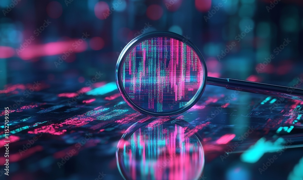 Poster Magnifying glass over digital data streams, showcasing code analysis and cybersecurity.