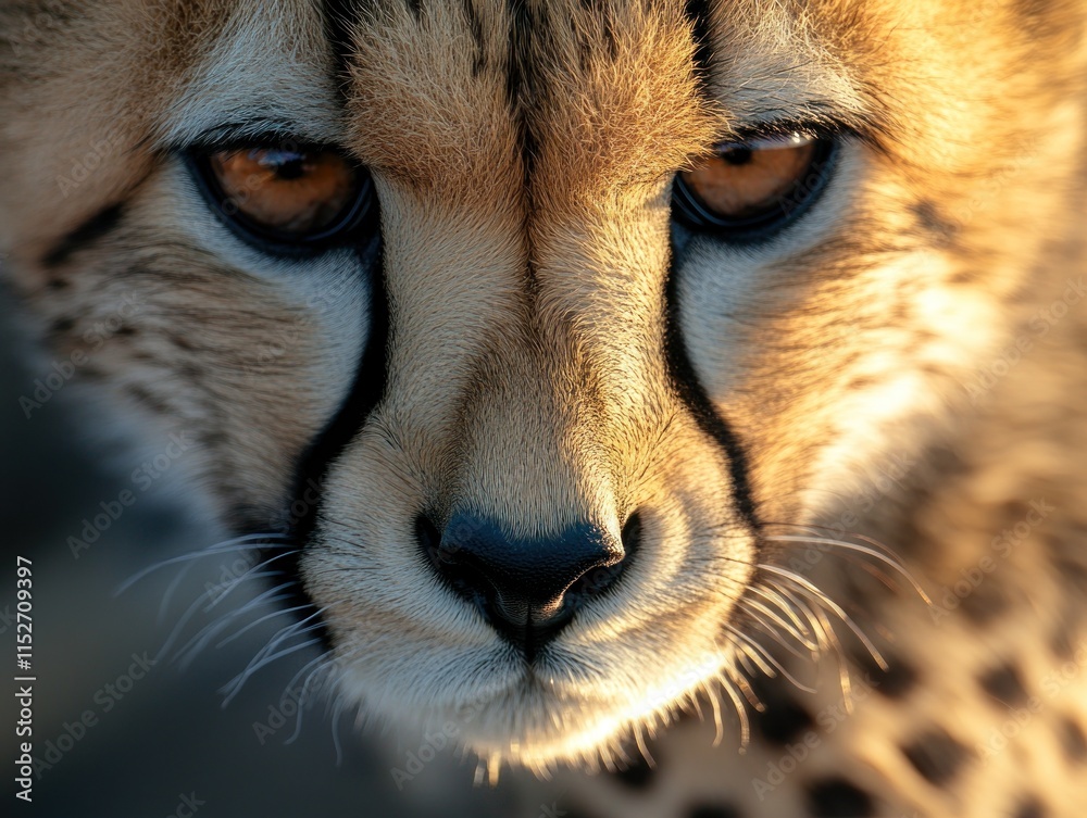 Poster close-up of a cheetah's face, showcasing its striking features and intense gaze.