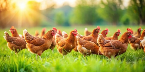 Fototapeta premium Chickens pecking at grain in a lush green farm field , landscape, rustic, landscape, rustic, chickens, free range