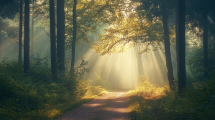 Sunbeams Illuminate a Mystical Forest Path