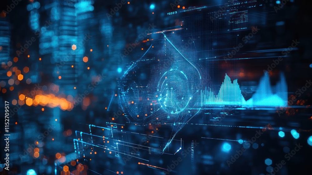 Poster A futuristic digital landscape showcasing data visualization and technology integration.